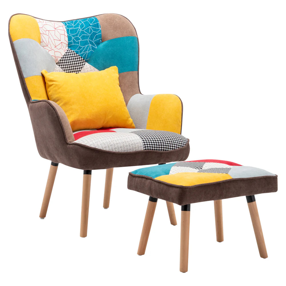 New Velvet Linen Wingback Armchair with Cushion and Footrest Multicoloured
