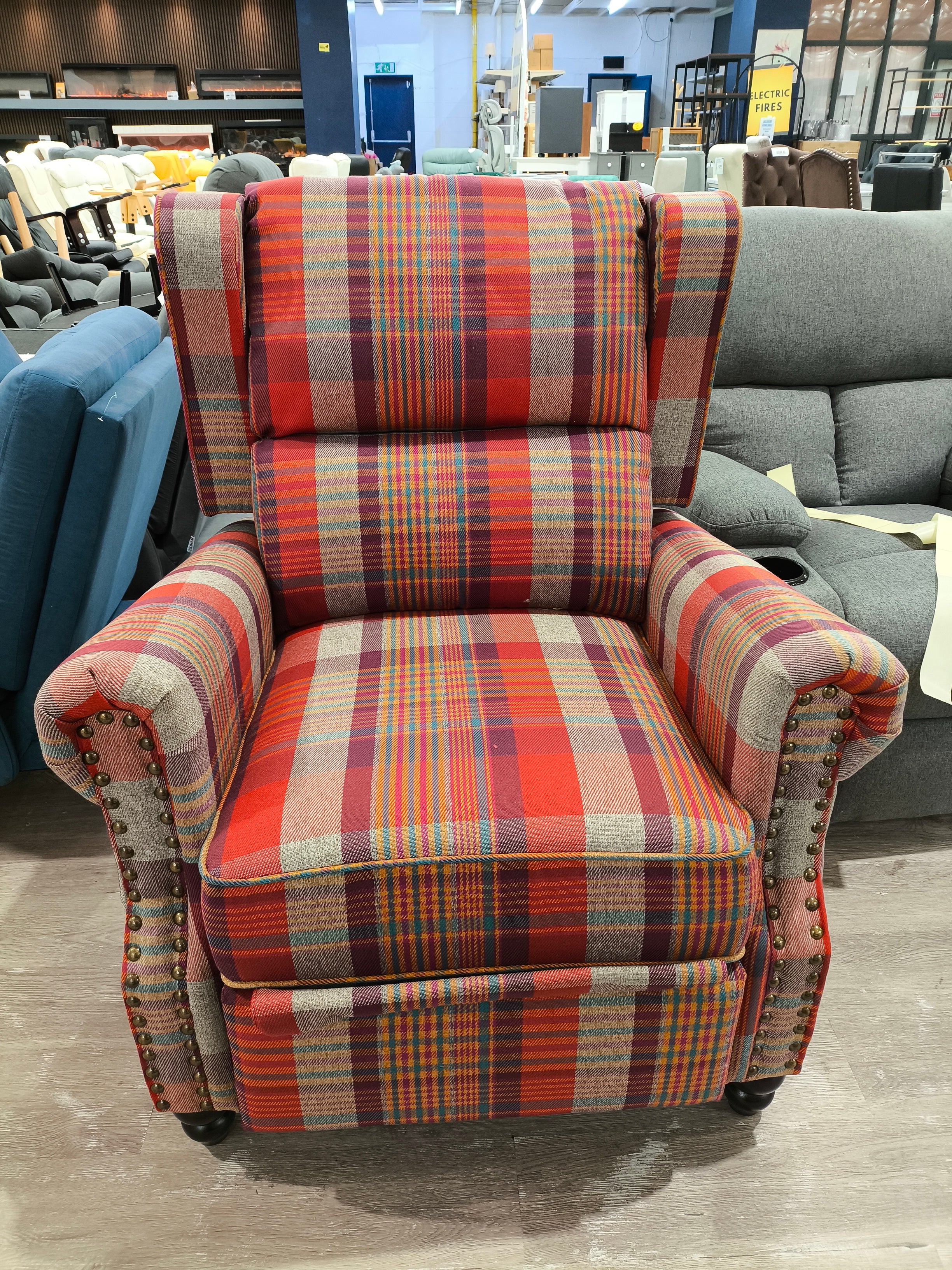 Classic Wingback Recliner Armchair with Adjustable Backrest Red Plaid