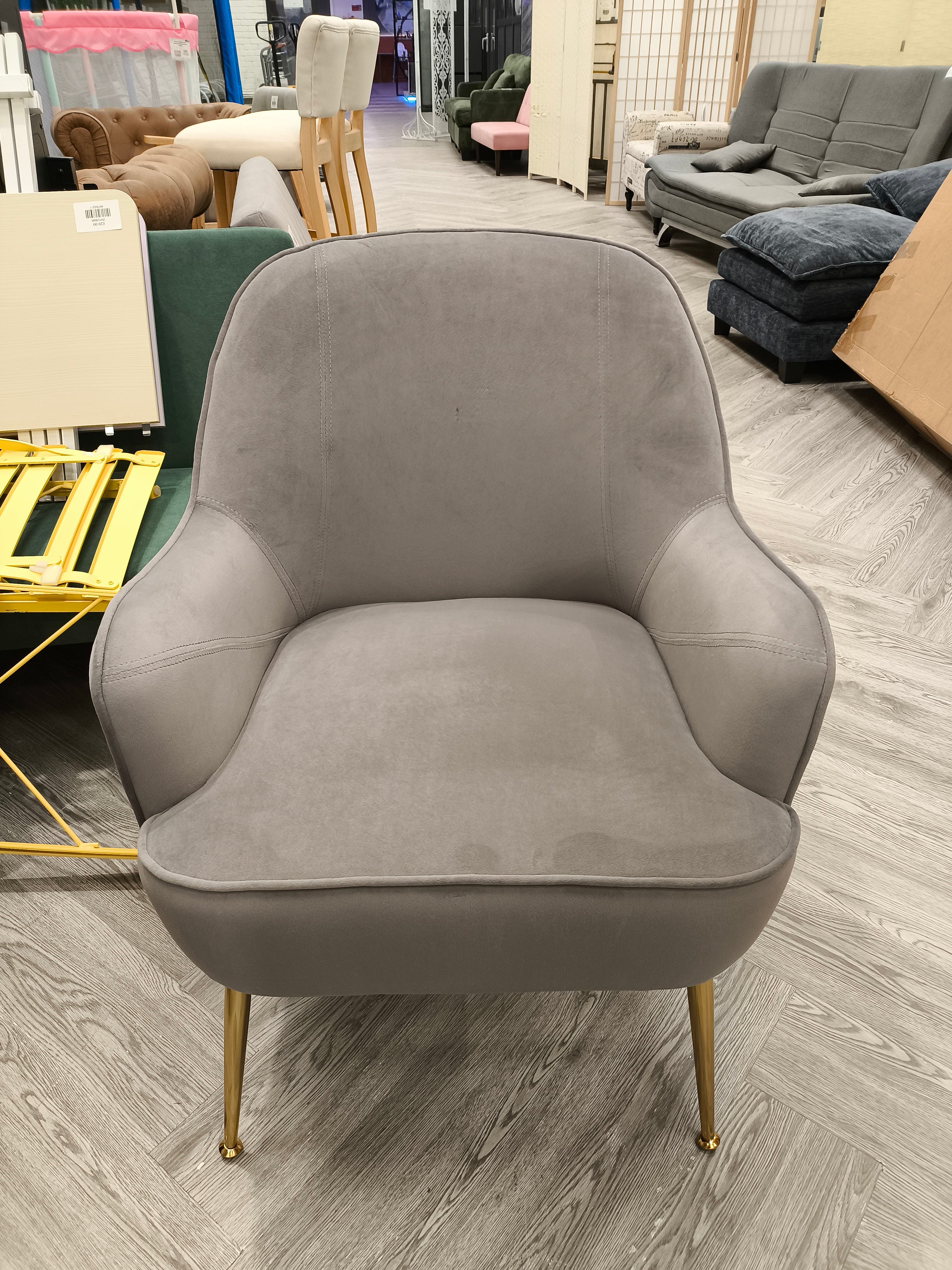Velvet Upholstered Armchair with Gold Plated Feet Grey