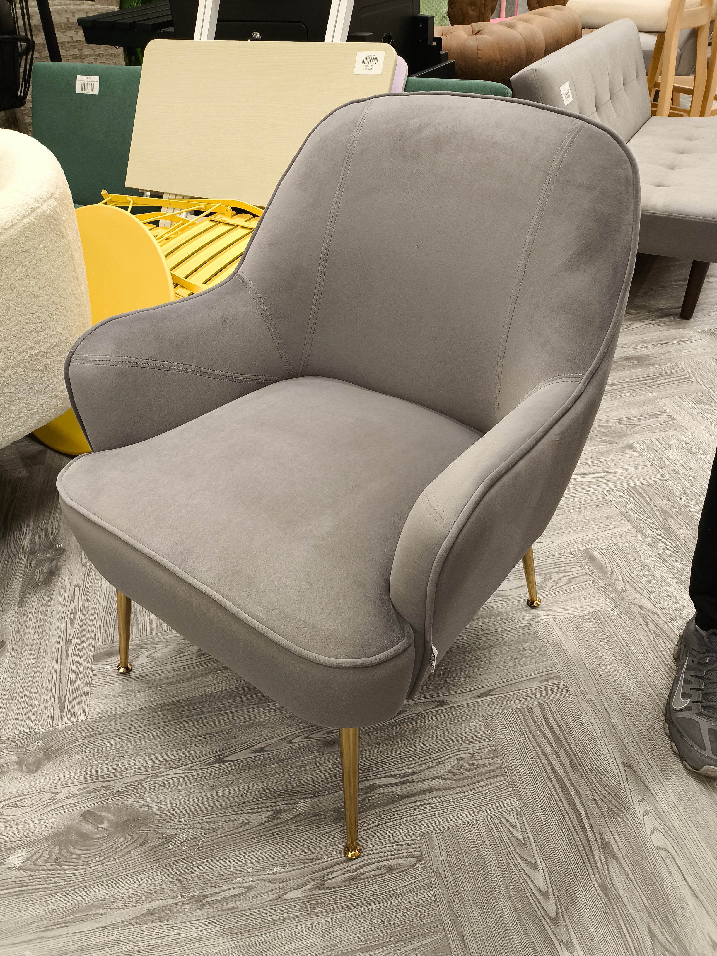 Velvet Upholstered Armchair with Gold Plated Feet Grey