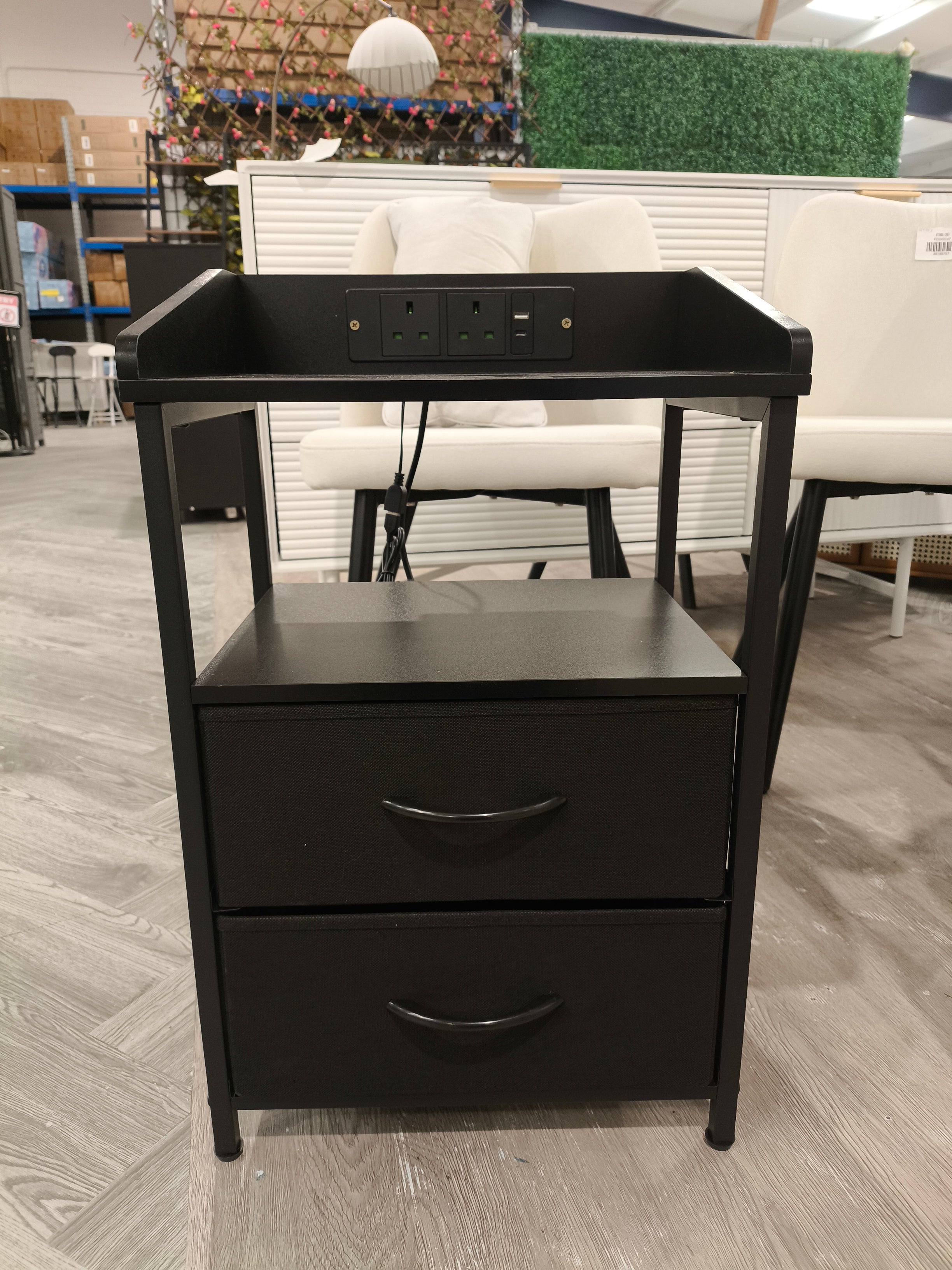 Bedside Table with Charging Station and LED Lights Black