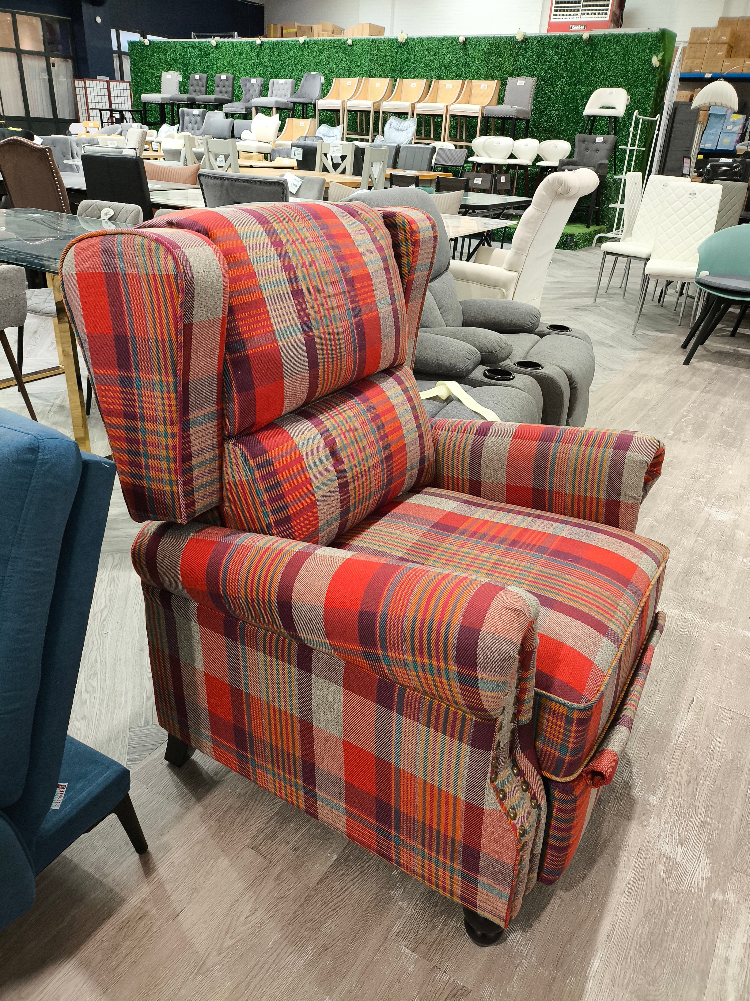 Classic Wingback Recliner Armchair with Adjustable Backrest Red Plaid